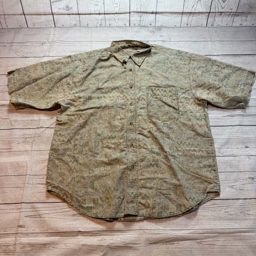 Vintage Bugle Boy Abstract Print Button Down Shirt‎ 80s 90s Beige Men's Size XL